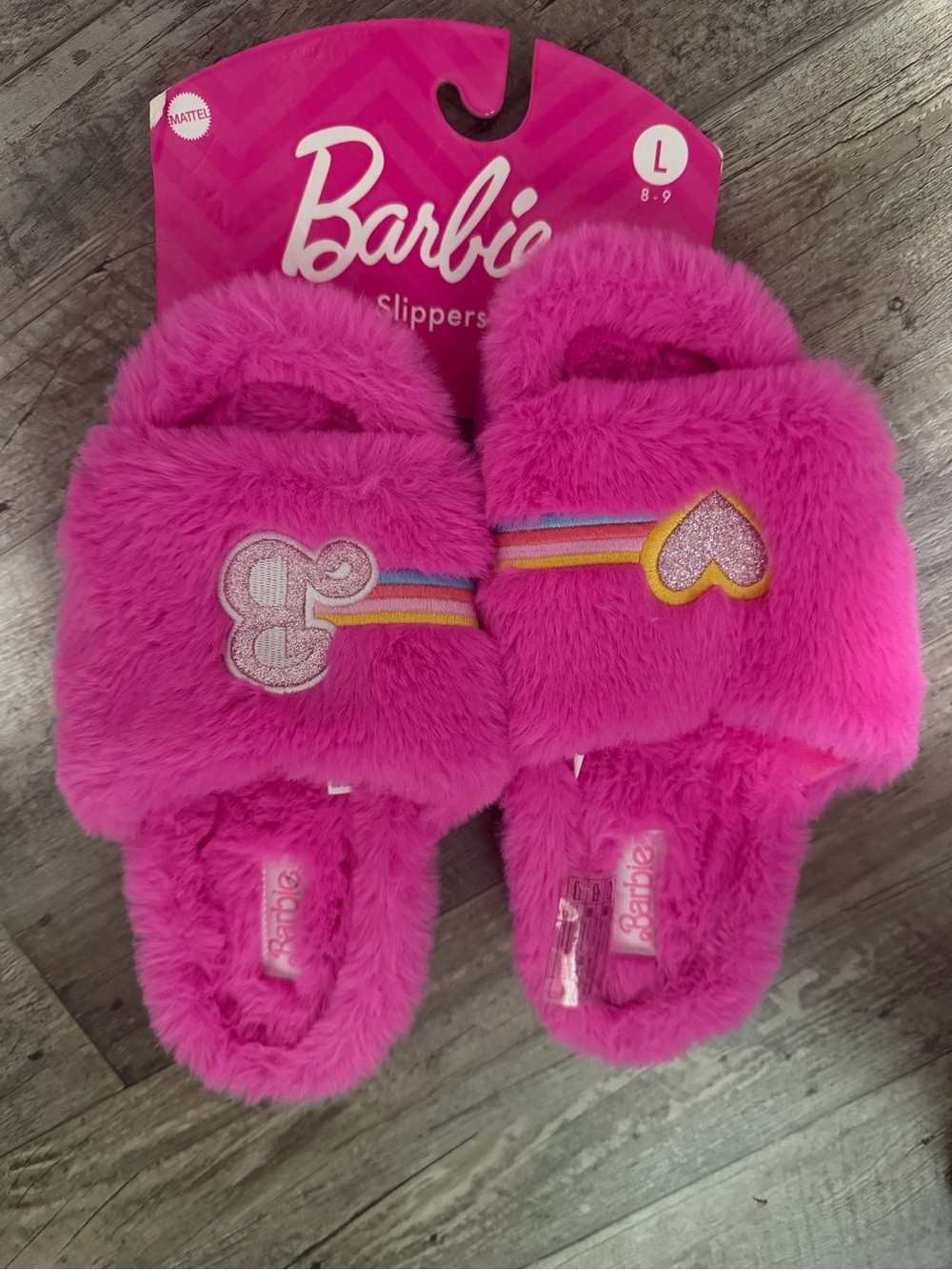 Barbie Hot Pink Plush Slide Slippers with Rainbow Heart Detail